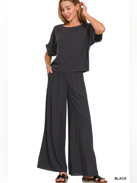 Zenana Outfitters Pants - NWT 2 pc Set Zenana Woven Short Sleeve & Long Wide Legs Pants Set black